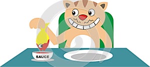 Cat eating fish with sauce