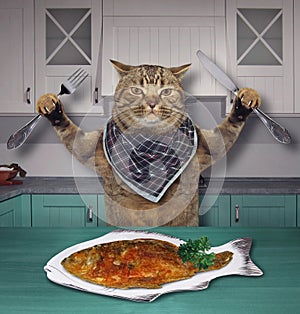 Cat eats fish in the kitchen