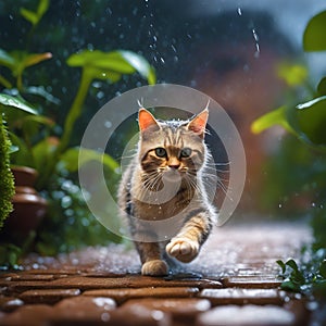 a cat elegantly walking along a rain-drenched street
