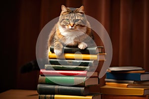 cat elongating its body on a stack of books photo