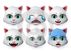 Cat emojis face vector set. Cute cats animal emoticons in happy mood and crying emotion isolated.