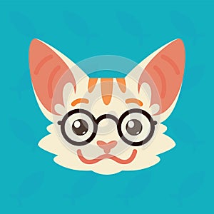 Cat emotional head. Vector illustration of cute kitty shows smart emotion. Nerd emoji. Smiley icon. Print, chat