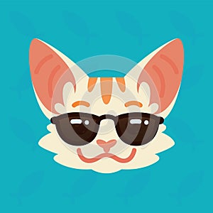 Cat emotional head. Vector illustration of cute kitty in sunglasses shows emotion. Cool emoji. Smiley icon. Chat