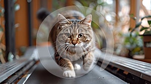 a cat engaging in physical activity, as it gracefully maneuvers on a treadmill, showcasing its agility and natural