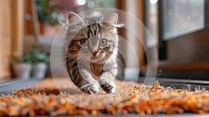 a cat engaging in physical activity, as it gracefully maneuvers on a treadmill, showcasing its agility and natural