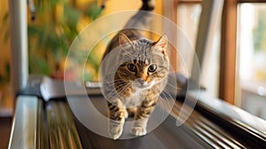 a cat engaging in physical activity, as it gracefully maneuvers on a treadmill, showcasing its agility and natural