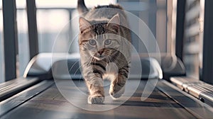 a cat engaging in physical activity, as it gracefully maneuvers on a treadmill, showcasing its agility and natural