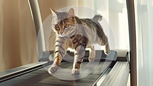 a cat engaging in physical activity, as it gracefully maneuvers on a treadmill, showcasing its agility and natural