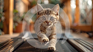 a cat engaging in physical activity, as it gracefully maneuvers on a treadmill, showcasing its agility and natural photo