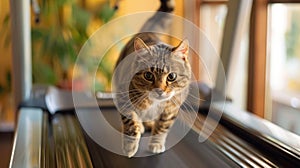 a cat engaging in physical activity, as it gracefully maneuvers on a treadmill, showcasing its agility and natural photo