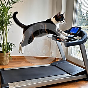 a cat engaging in physical activity, as it gracefully maneuvers on a treadmill, showcasing its agility and natural athleticism