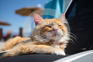 cat enjoying a peaceful moment on a beach chair, soaking up the sunlight