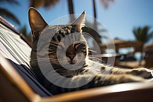 cat enjoying a peaceful moment on a comfortable beach chair, basking in sunlight