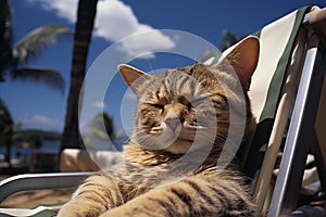 cat enjoying a relaxing sunbath on a comfy beach chair on stunning palm island