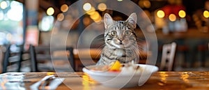 Cat Enjoying A Special Meal In A Cozy Restaurant Setting
