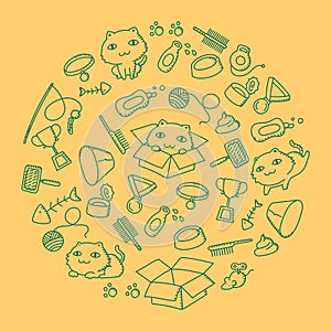 Cat and equipment kids hand drawing set pattern background circle shape illustration