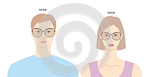 Cat Eye frame glasses on women and men flat character fashion accessory illustration. Sunglass front view unisex