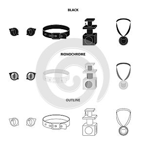 Cat eyes, a collar, a house for a cat, a medal on a ribbon.Cat set collection icons in black,monochrome,outline style