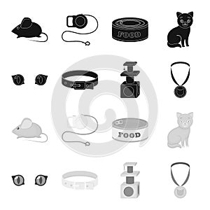 Cat eyes, a collar, a house for a cat, a medal on a ribbon.Cat set collection icons in black,monochrome style vector