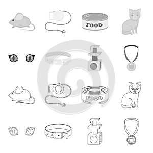 Cat eyes, a collar, a house for a cat, a medal on a ribbon.Cat set collection icons in outline,monochrome style vector