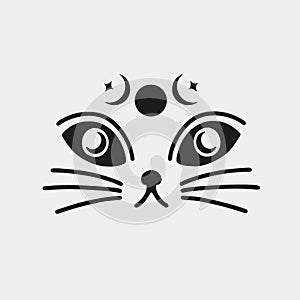 Cat face animal witchcraft moon phases.Silhouette black logo isolated in white background.Whisker cute kitten sign.