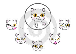 Cat face expression. White cat face set sticker