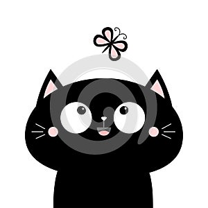 Cat face head looking at butterfly insect. Cute cartoon character icon. Kawaii animal. Baby card. Big eyes. Flat design. Notebook