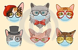 Cat in face mask. Cute heads cats muzzles in medical masks, happy pets portrait stickers, coronavirus social protection photo