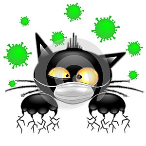 Cat with Face Mask scared by Virus Covid19 Humorous Cartoon Character