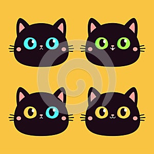 Cat face set. Black round silhouette icon. Kitten with big yellow, blue, green eyes. Cute cartoon funny pet baby character. Pink