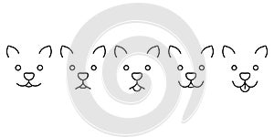 Cat face set, pet head with different emotion, line icon. Cat is calm, sad, surprised, happy, laughing with tongue