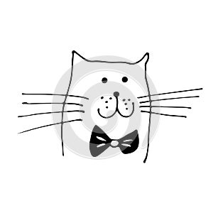 Cat face vector illustration, hand drawn sketch cat with bow