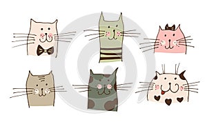Cat faces vector illustration, hand drawn cats collection