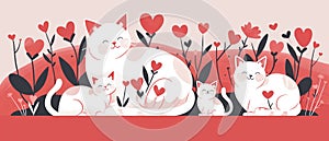 Cat family, mother with children. Flat illustration web banner for Mothers Day on May 12