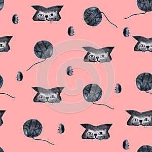 Cat with fangs, ball of thread watercolor seamless pattern photo