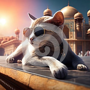 a cat with fashion sunglasses travel to india Generative AI