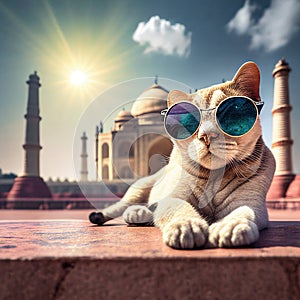 a cat with fashion sunglasses travel to india Generative AI