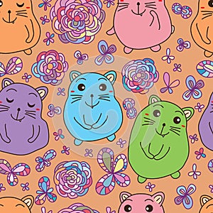 Cat fat like fat mouse seamless pattern