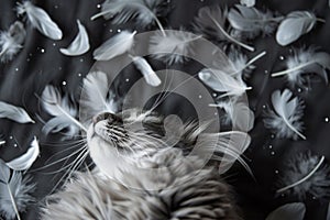 Cat and feathers are falling around