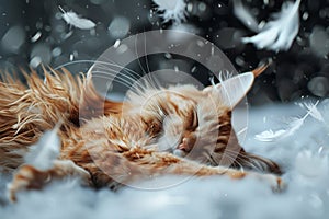 Cat and feathers are falling around