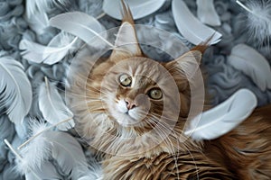 Cat and feathers are falling around photo