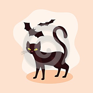 cat feline animal of halloween with bats flying