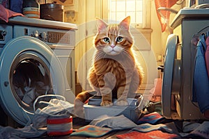 A Cat feline detective named Whiskers Paws investigates a case of disappearing socks, in the laundry room illustration generative