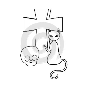 cat feline halloween with cross and skull