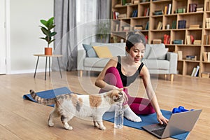 Cat and female owner exercising together at home. Sporty asian lady watching online video, sitting on mat near her pet