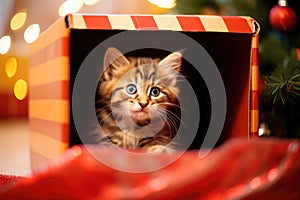 A cat in a festive New Year\'s box