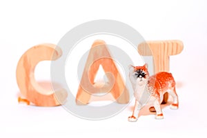 Cat figurine and cat inscription in wooden letters