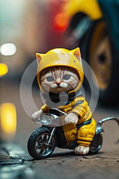 Cat figurine sitting on top of motor bike on street. Generative AI