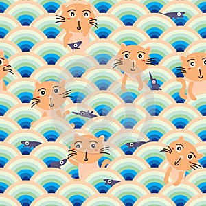 Cat fish half circle seamless pattern