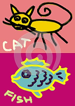 Cat and fish handy drawing